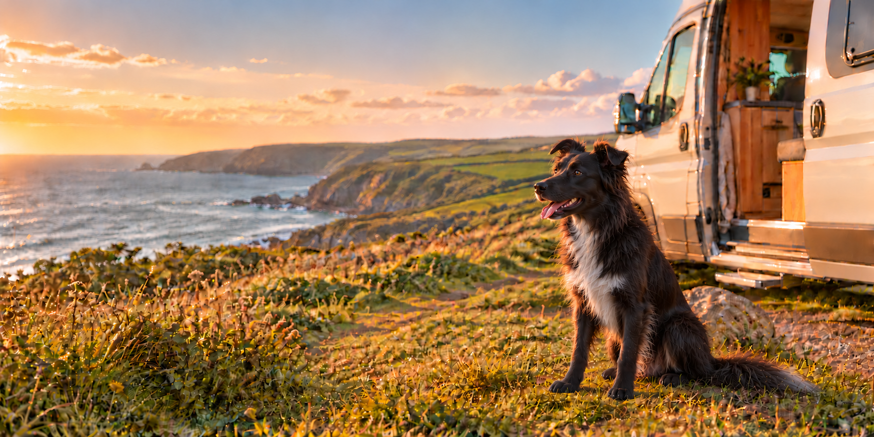 A fluffy black Border Collie with a white chest beside a campervan overlooking the British coast