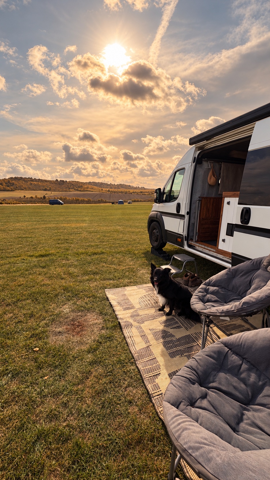 Bertie relaxing beside a campervan in a softly lit autumn campsite