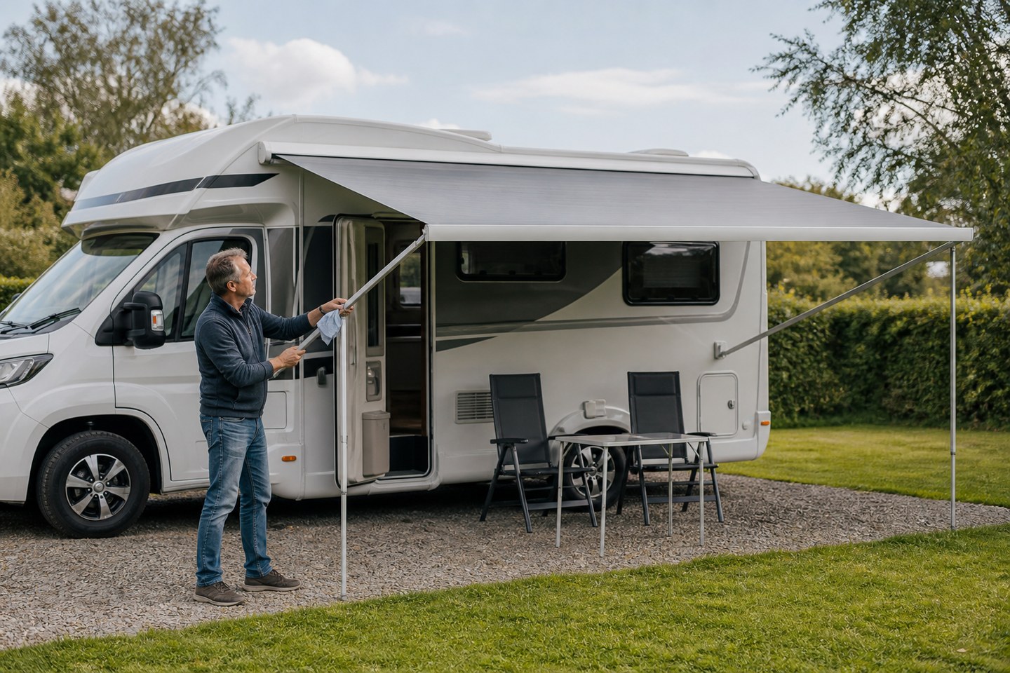 A motorhome's wind-out awning extended beside the van