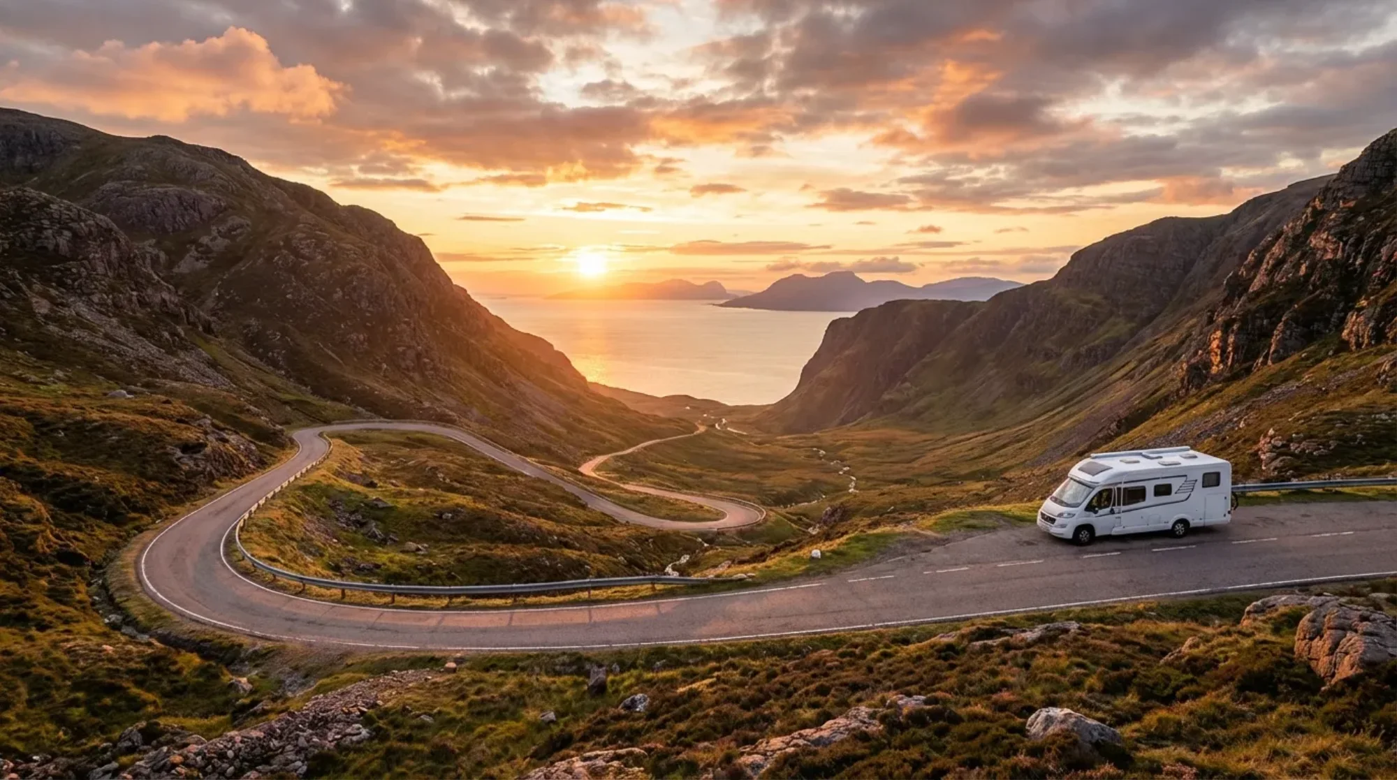 Campervan overlooking a winding Highland coastal road at sunset